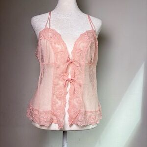 Vintage USA Y2K Babydoll Coquette Mesh Lace Camisole Teddy Chemise Top Peignoir